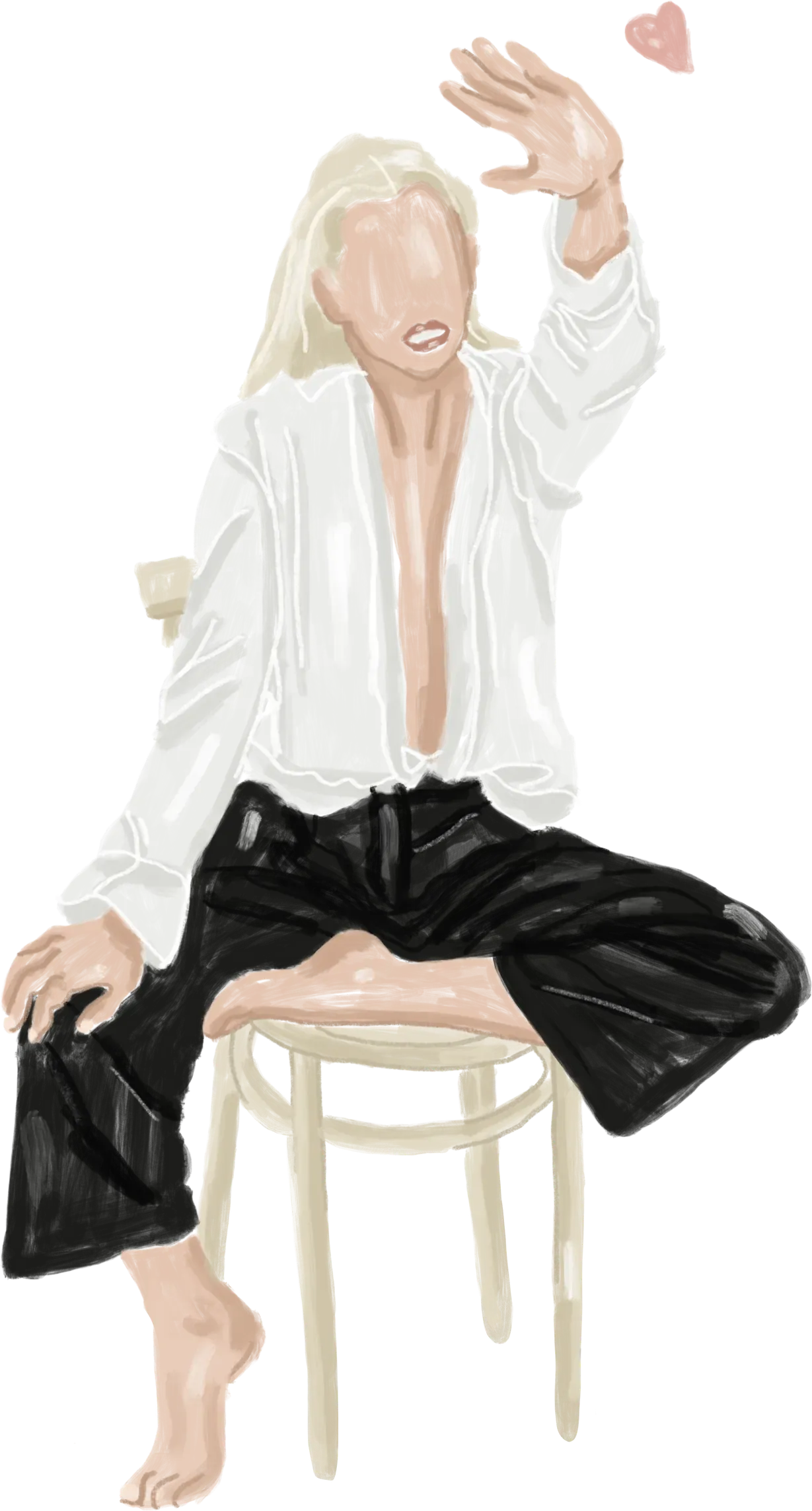 Illustration d'une femme assise sur un tabouret, la main tendue vers un cœur