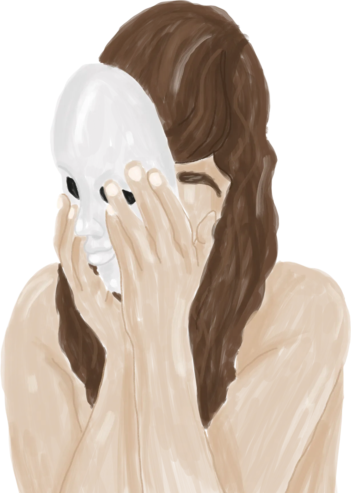 Illustration d'une femme qui tient un masque blanc devant son visage