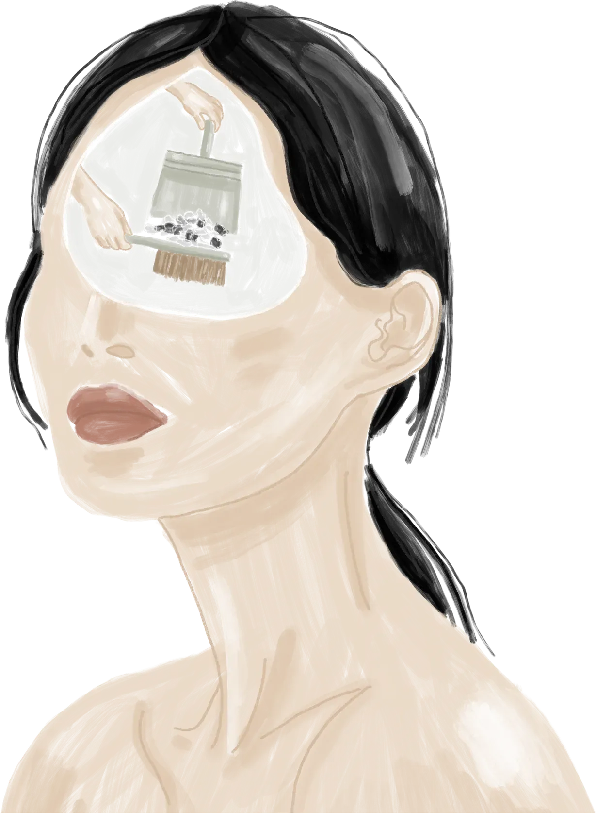 Illustration d'une femme dont la tête s'ouvre et que l'on balaie