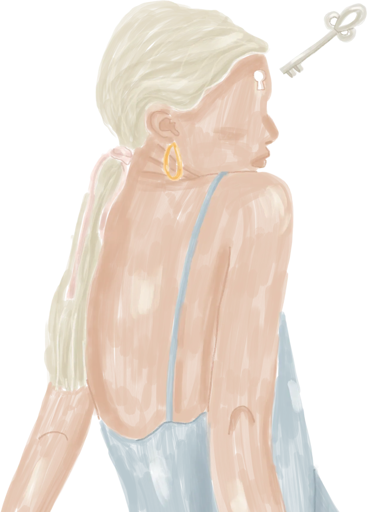 Illustration d'une femme de dos avec une clé dans la nuque