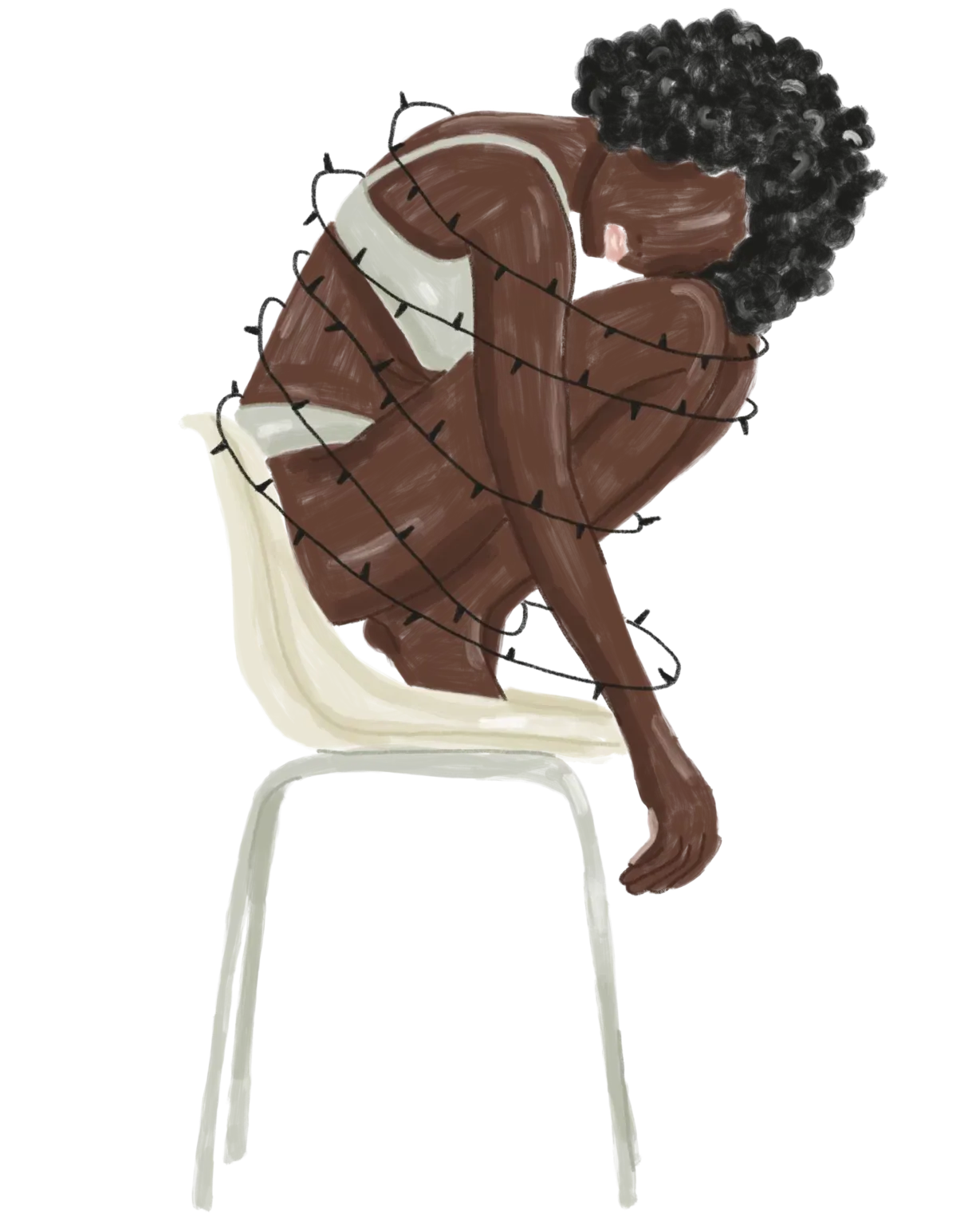 Illustration d'une femme accroupie sur une chaise entourée par du barbelé