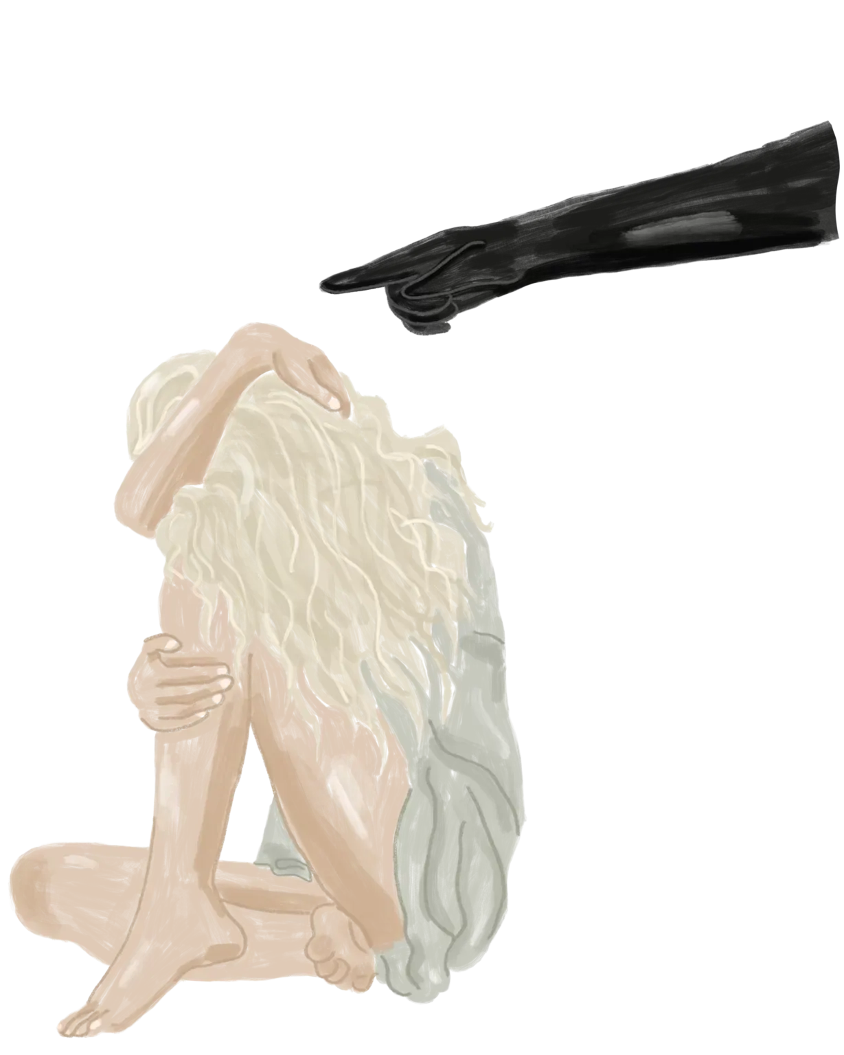 Illustration d'une femme la tête dans les genoux qui est pointée du doigt