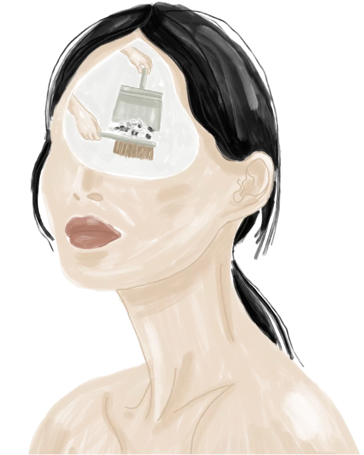 Illustration d'une femme qui passe le balais dans sa tête