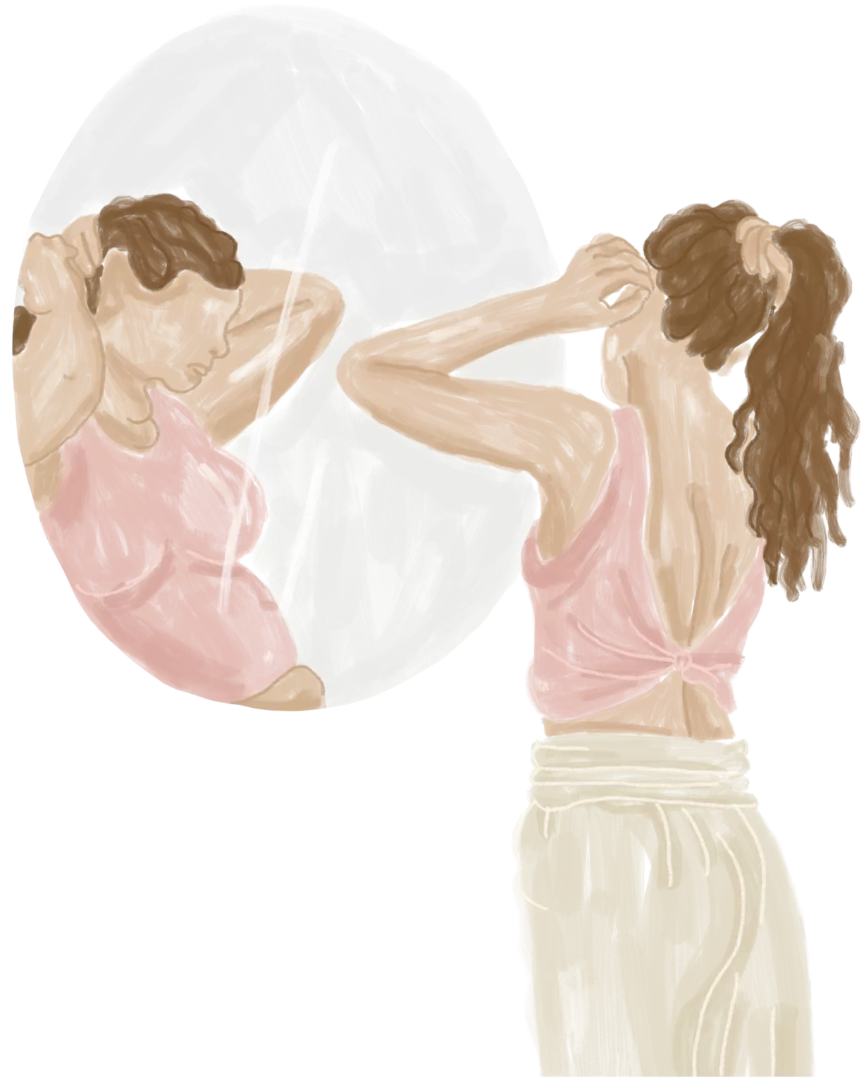 Illustration d'une femme qui se voit plus grosse dans le miroir