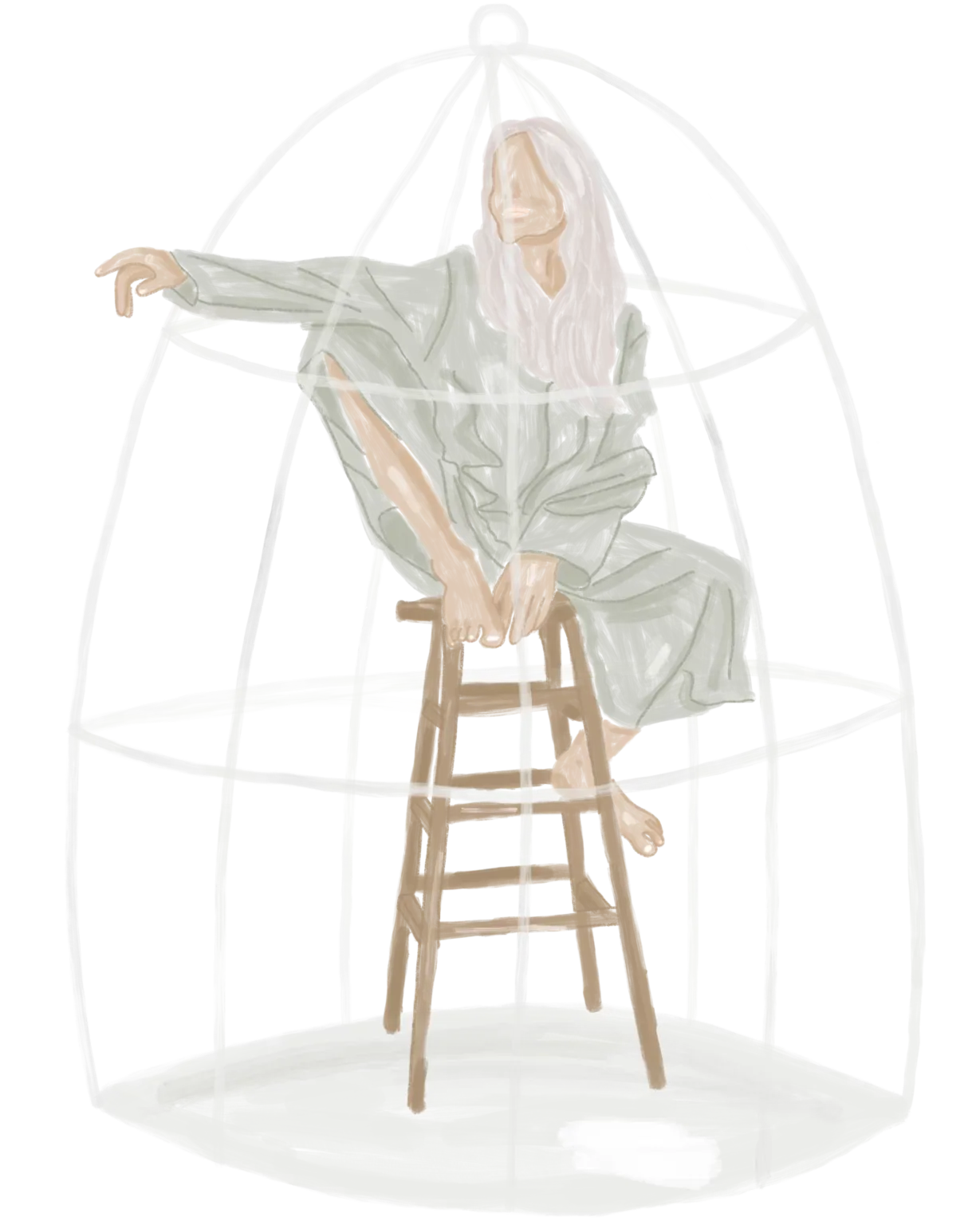 Illustration d'une femme assise sur un tabouret dans une cage