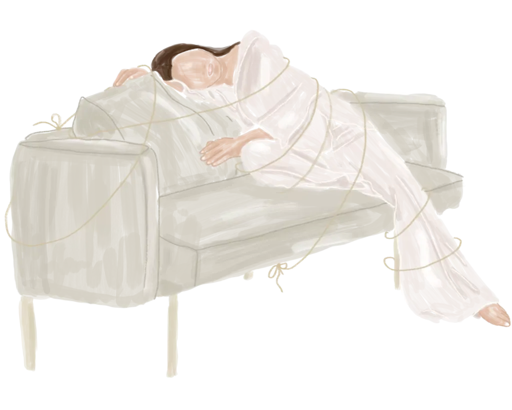 Illustration d'une femme semi allongée sur un canapé auquel elle est attachée avec une corde