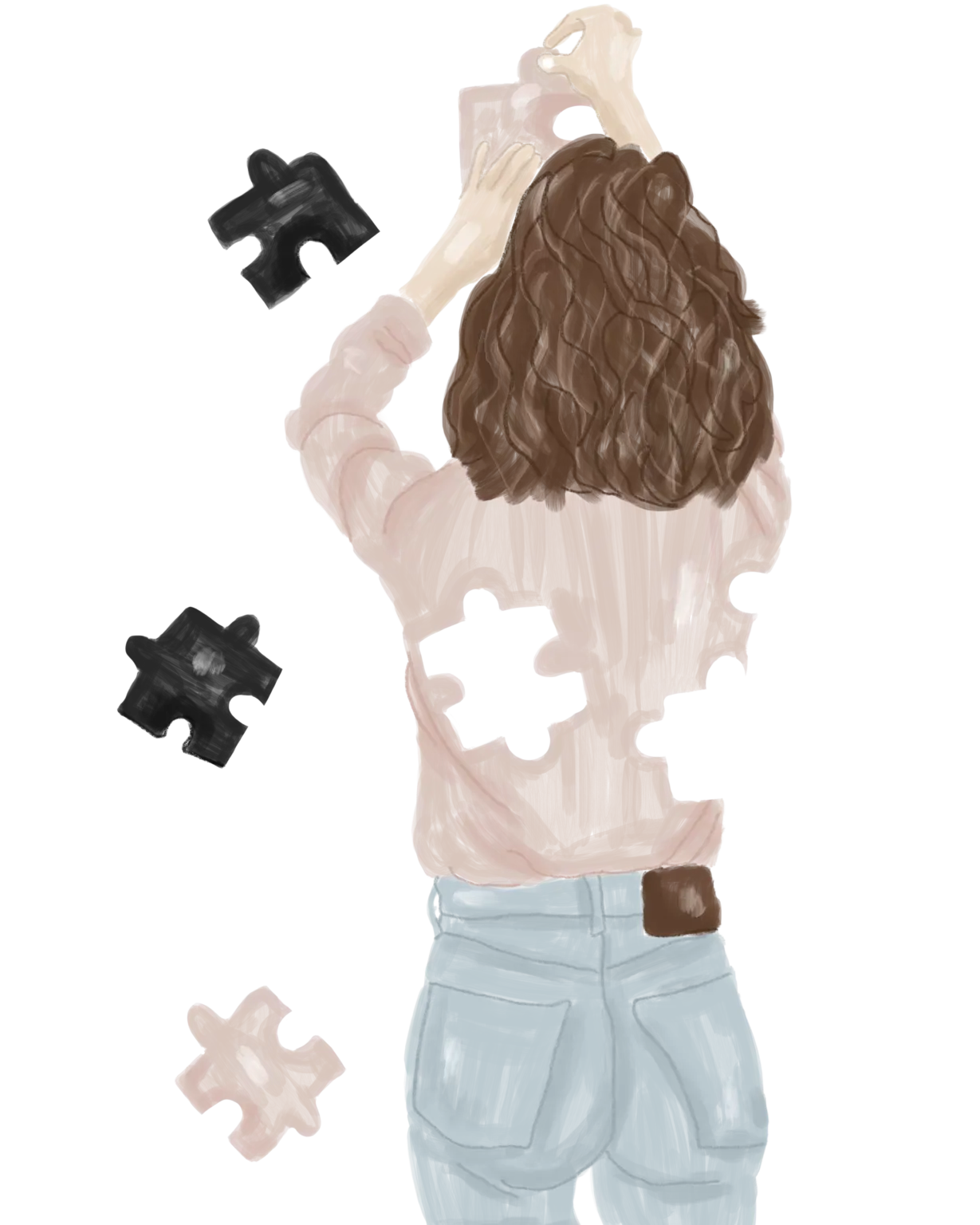 Illustration d'une femme qui fait un puzzle avec des pièces qui lui sont manquantes