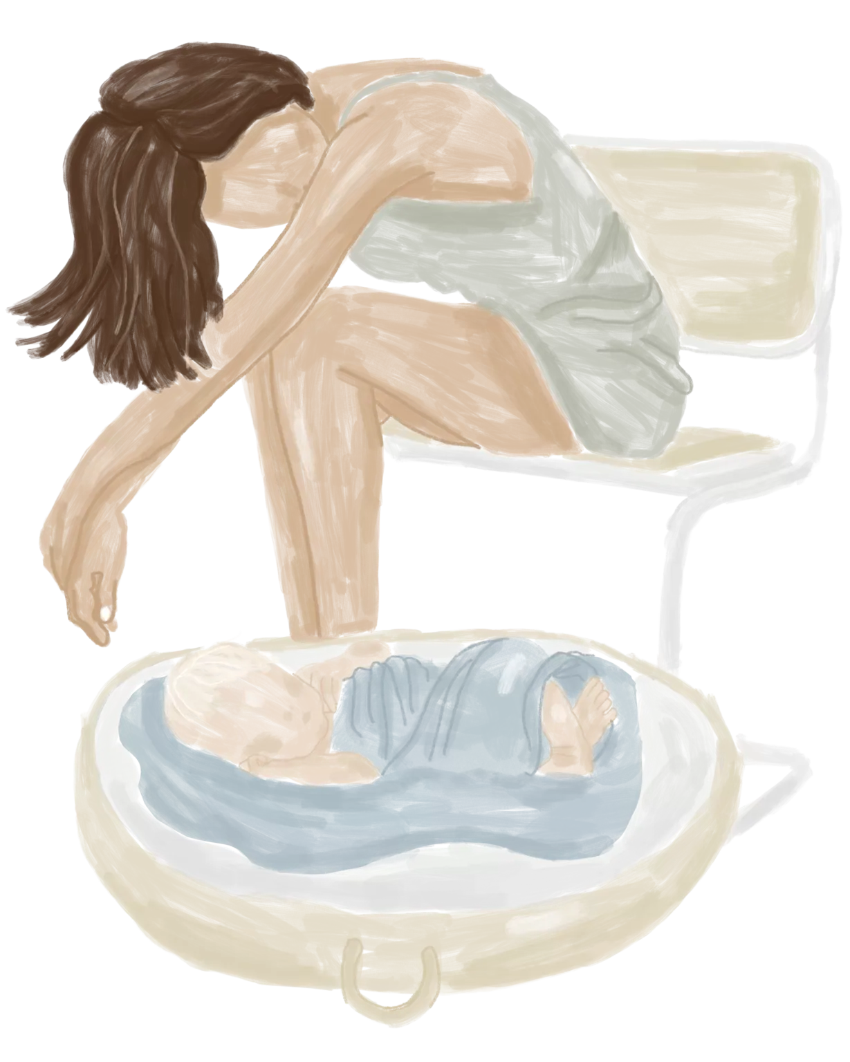 Illustration d'une femme avachie sur une chaise avec son bébé près d'elle