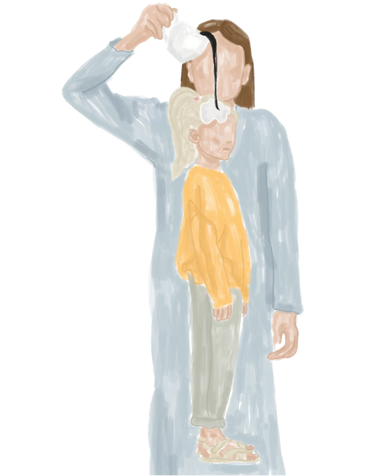 Illustration d'une femme qui arrose son enfant intérieur d'un liquide noirâtre