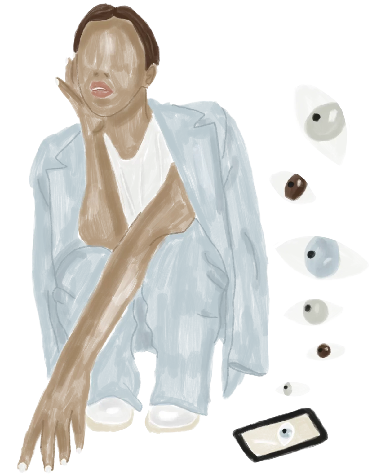 Illustration d'une femme avec des yeux qui sortent de son téléphone