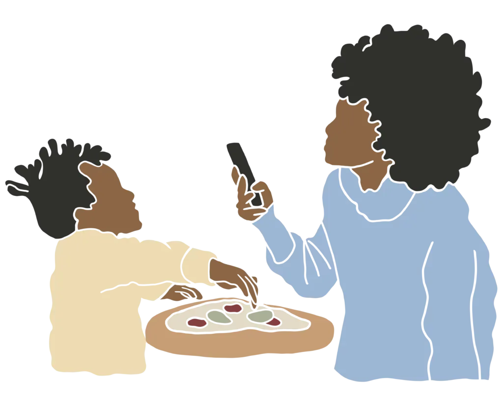 Illustration d'une adulte qui fait une pizza avec un enfant